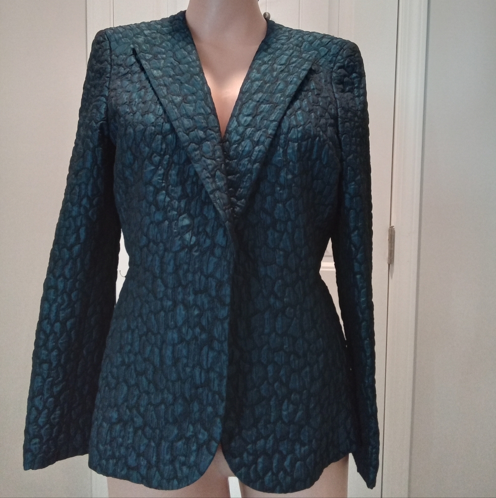 Kasper Size 8 Petite Textured Teal Metallic Jacquard Women's Blazer